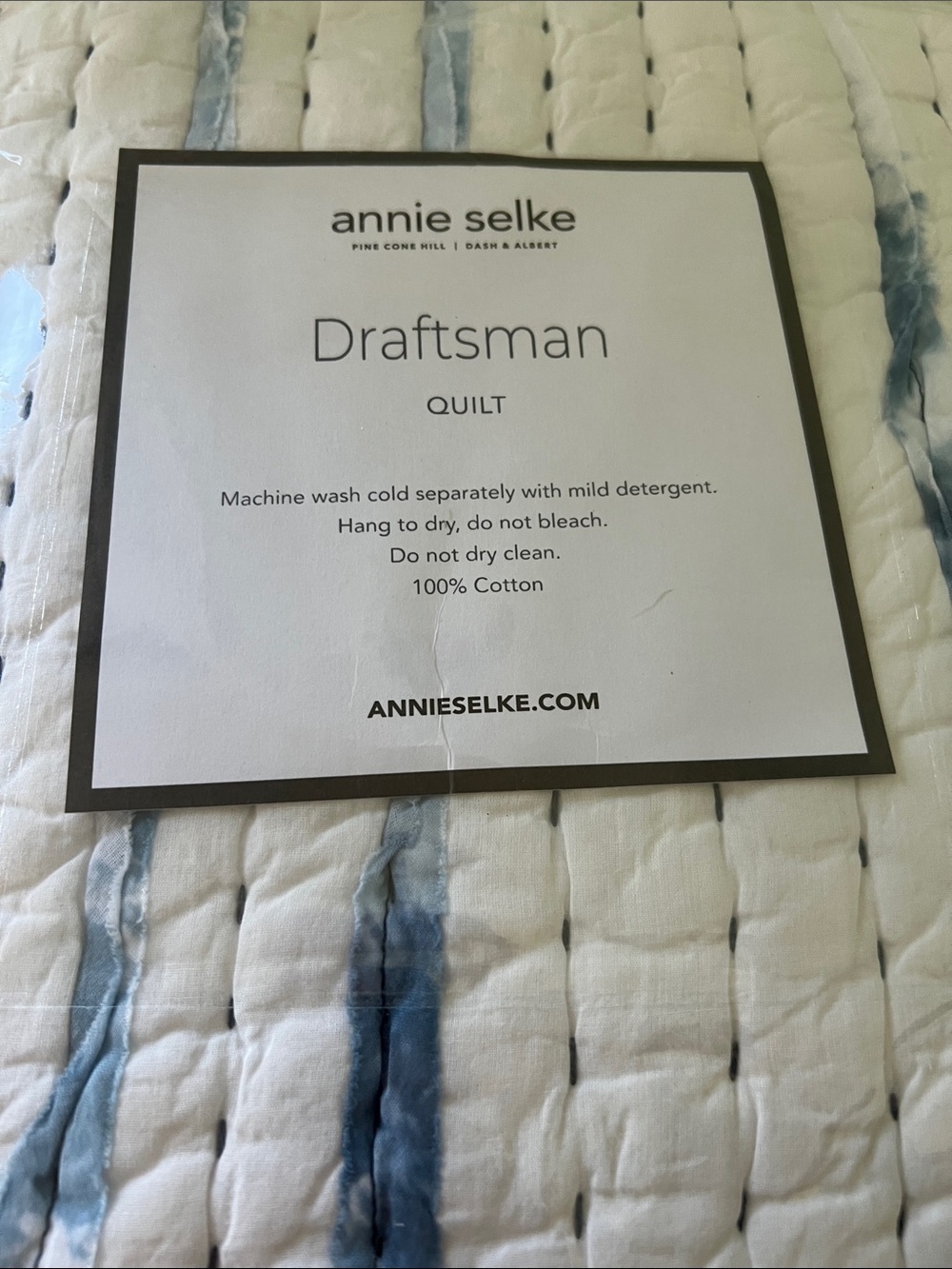 Annie Selke Draftsman Quilt in White with Blue Stripe